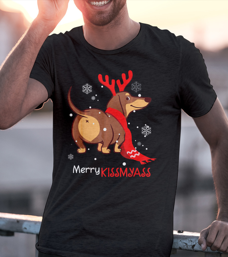 Funny Dog Dachshund Christmas Merry Kiss My Ass T-Shirt