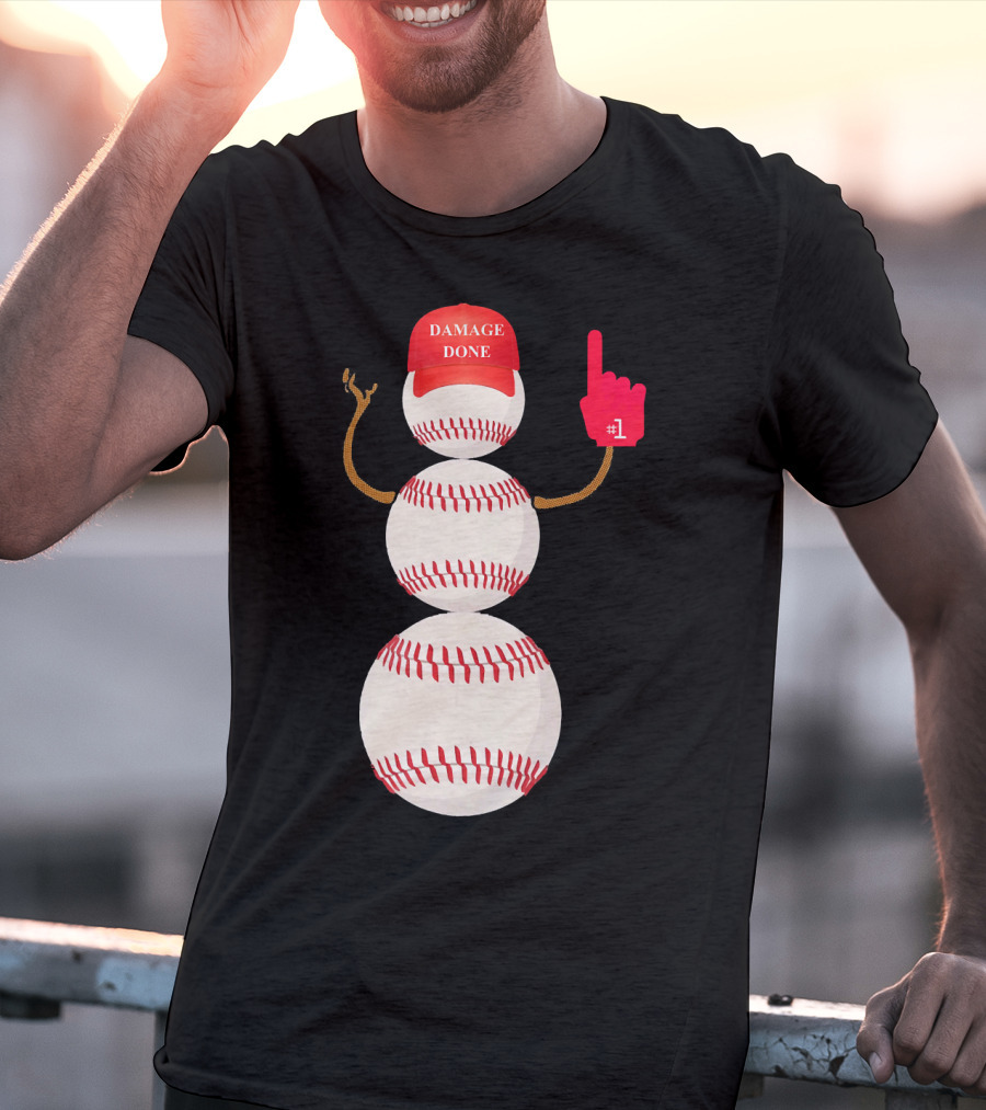 Damage Done Baseball Snowman With Red Cap And Foam Finger T-Shirt