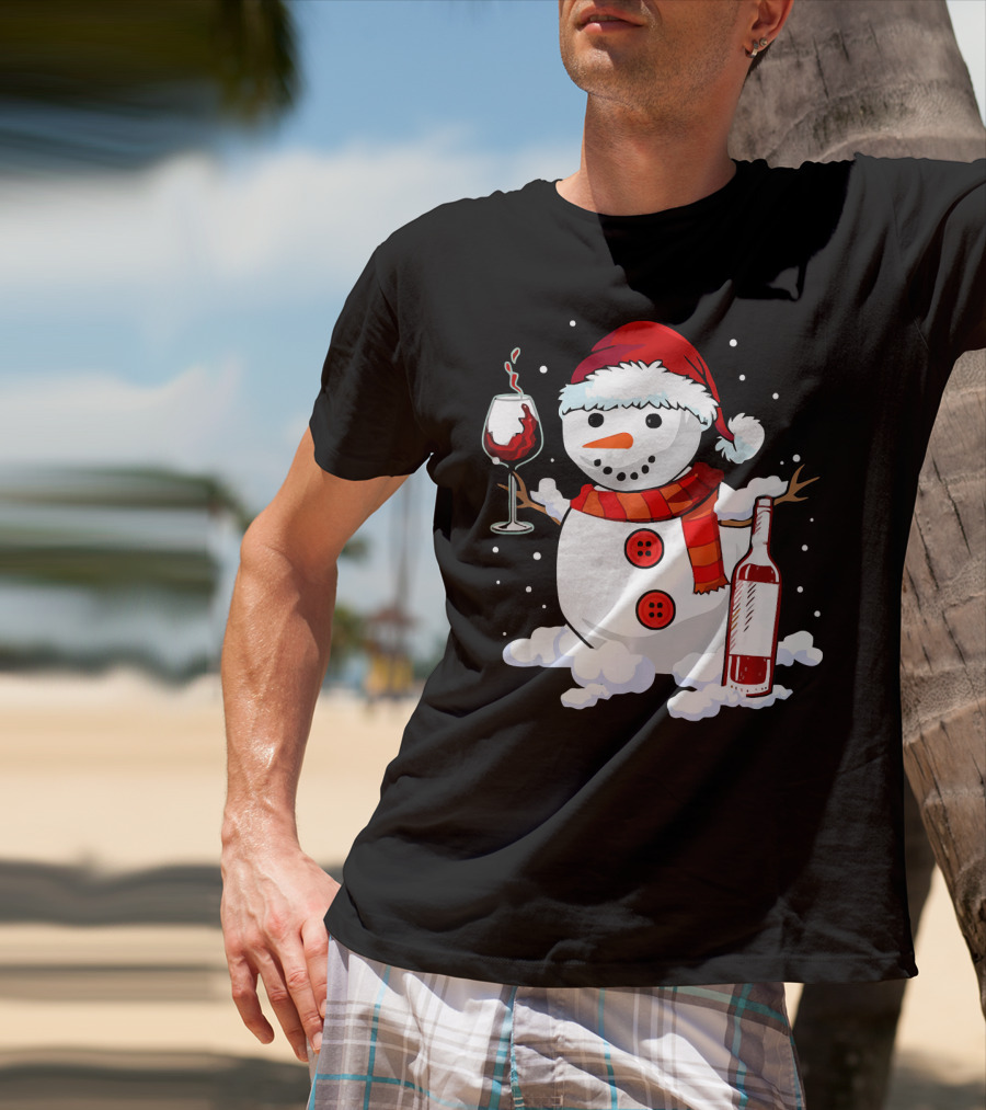 Snowman With Santa Hat And Scarf Holding Wine Glass And Bottle Christmas Drinking T-Shirt