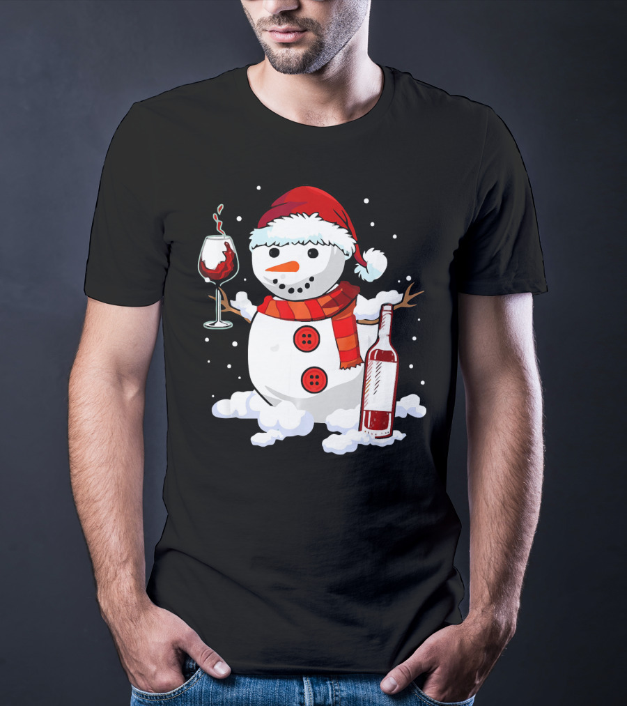 Snowman With Santa Hat And Scarf Holding Wine Glass And Bottle Christmas Drinking T-Shirt