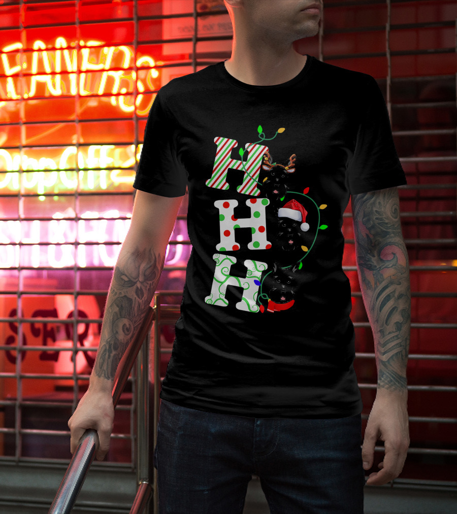 Scottish Terrier Ho Ho Ho Christmas Lights Santa Hat And Antlers T-Shirt