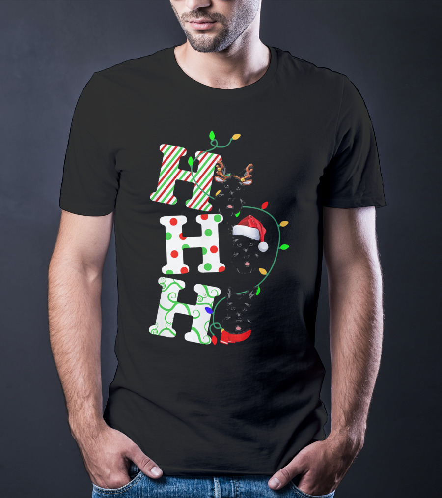 Scottish Terrier Ho Ho Ho Christmas Lights Santa Hat And Antlers T-Shirt