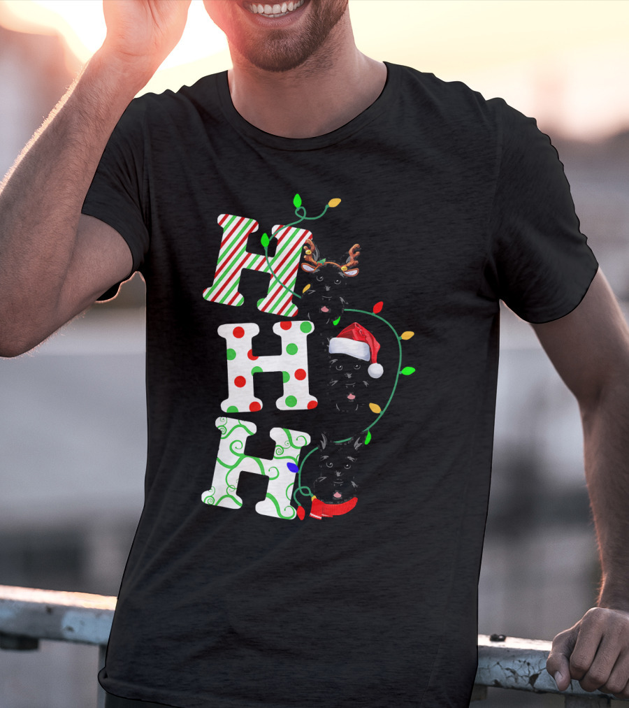 Scottish Terrier Ho Ho Ho Christmas Lights Santa Hat And Antlers T-Shirt