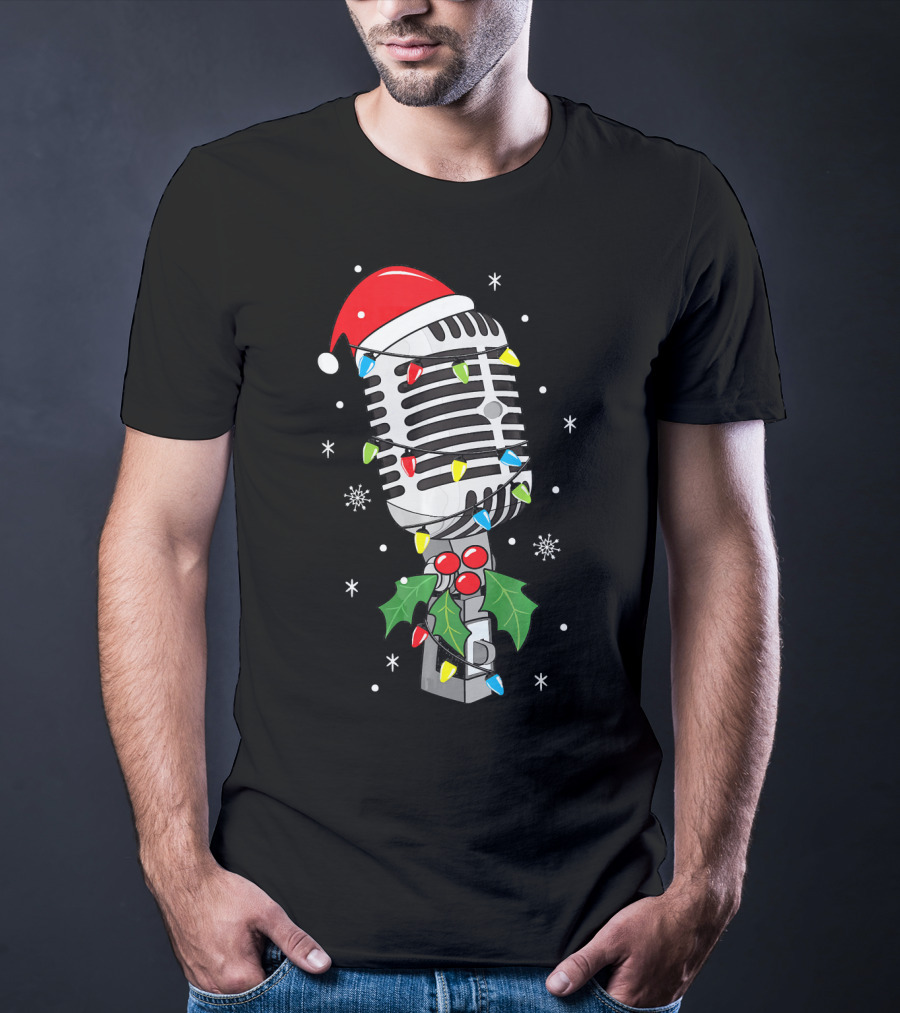 Retro Microphone With Santa Hat And Holiday Lights T-Shirt
