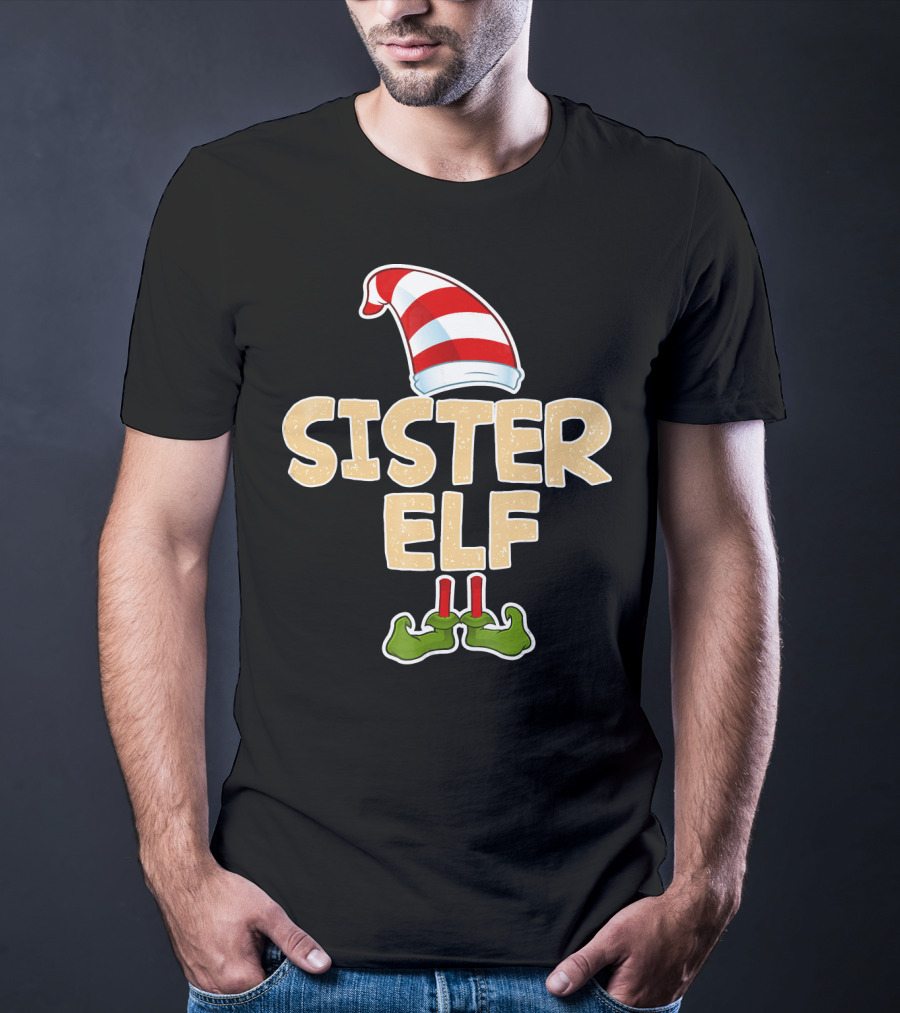 Sister Elf Merry Funny Christmas Hat And Shoes T-Shirt