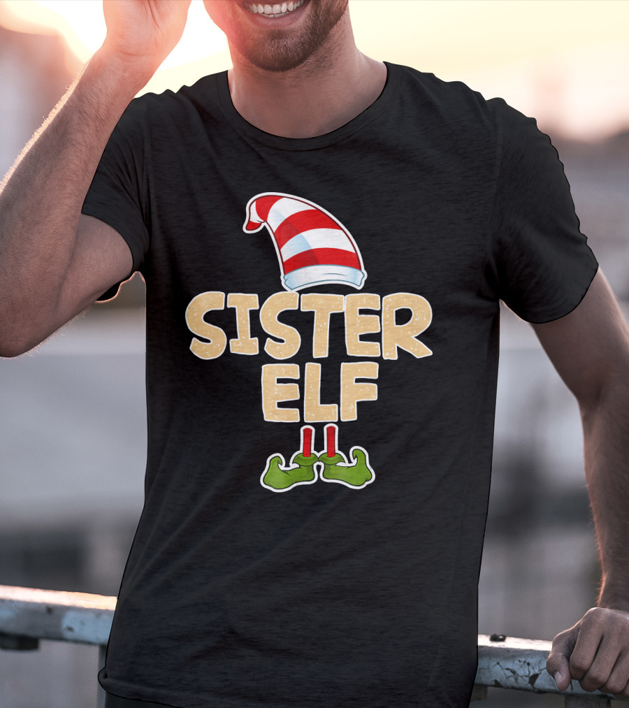 Sister Elf Merry Funny Christmas Hat And Shoes T-Shirt