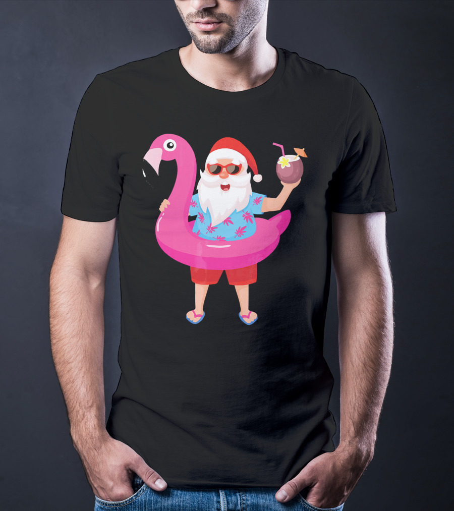 Funny Santa Claus With Flamingo And Tropical Drink T-Shirt