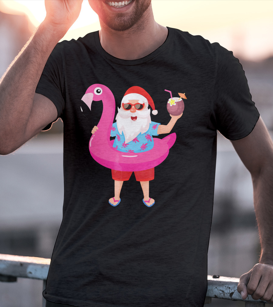 Funny Santa Claus With Flamingo And Tropical Drink T-Shirt