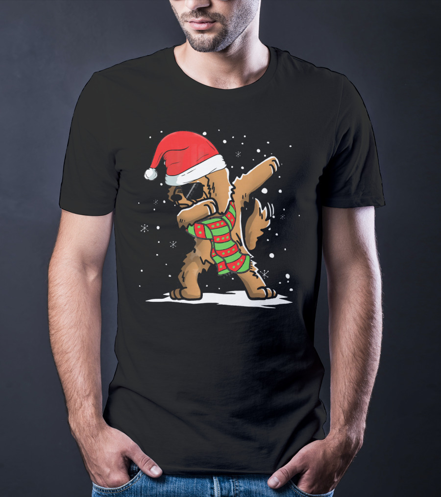 Dabbing Goldendoodle Santa With Red Hat And Christmas Scarf T-Shirt