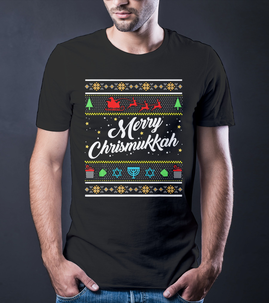 Merry Chrismukkah Santa Sleigh Menorah Stars Trees Snowflakes T-Shirt