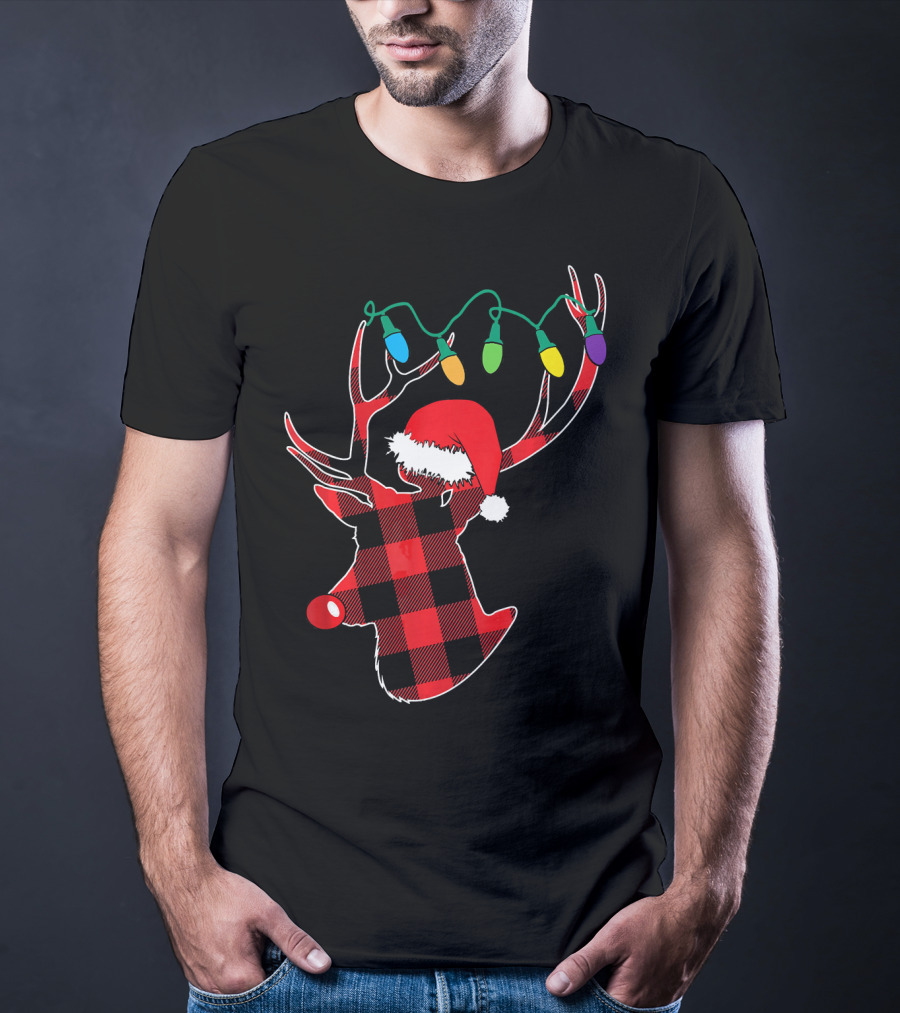 Christmas Deer Santa Hat Buffalo Plaid String Lights T-Shirt
