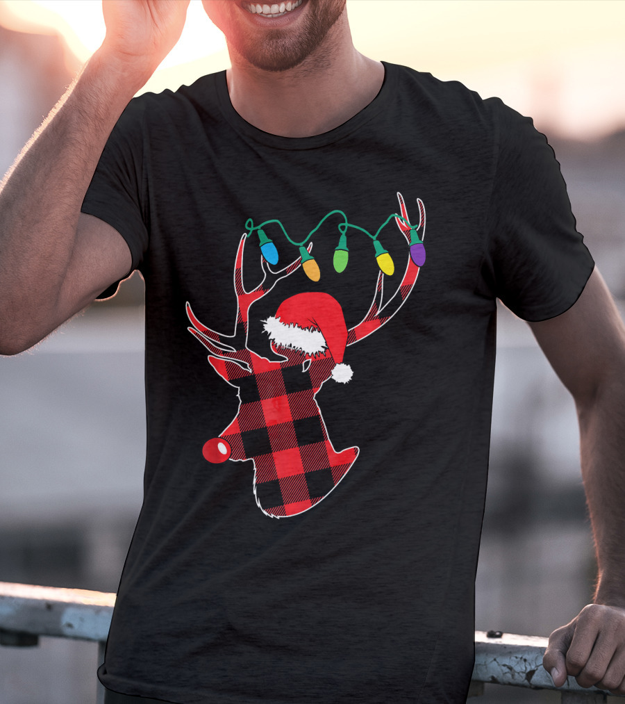 Christmas Deer Santa Hat Buffalo Plaid String Lights T-Shirt