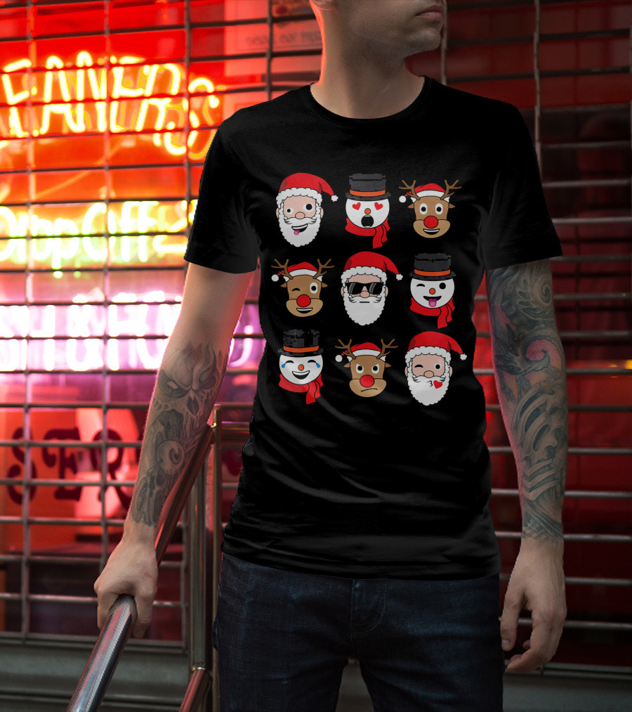 Santa Claus Emoji Faces With Reindeer And Snowman Expressions T-Shirt