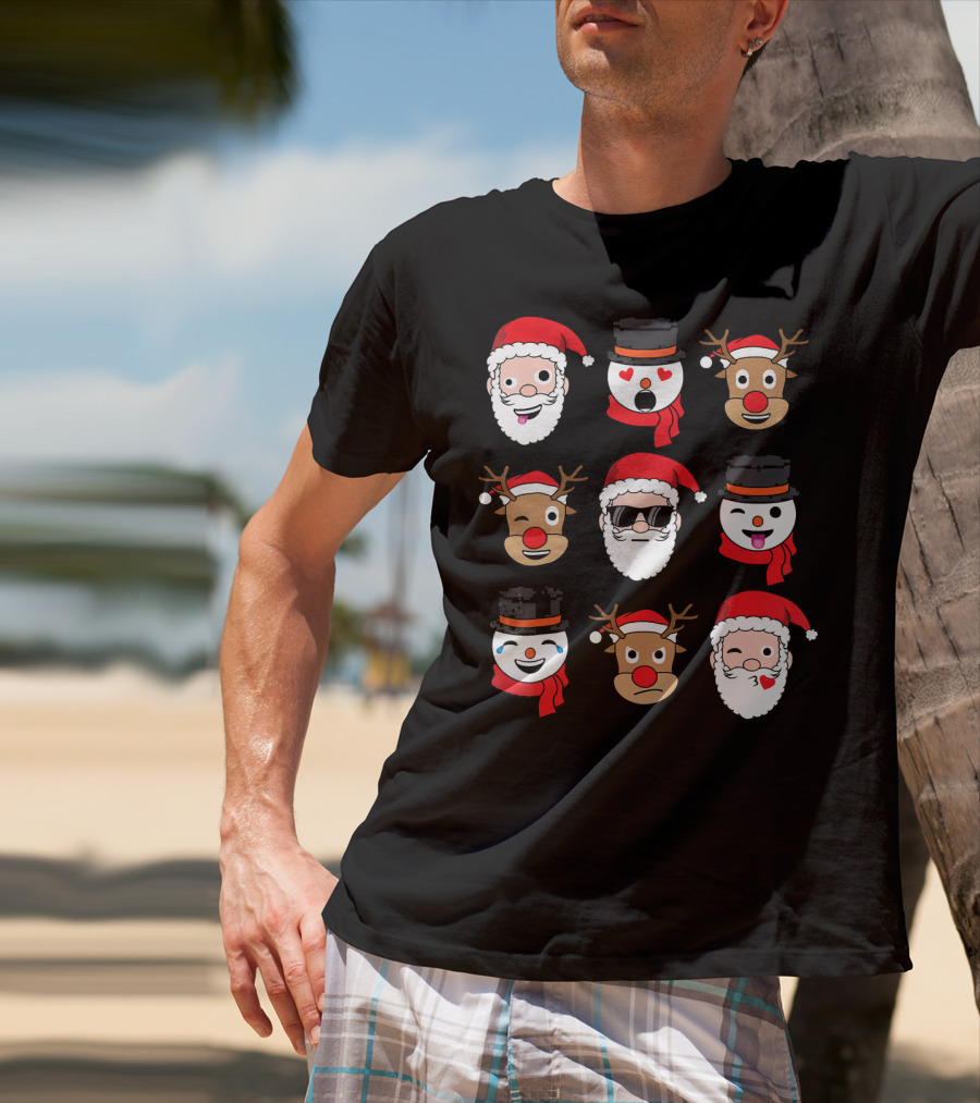 Santa Claus Emoji Faces With Reindeer And Snowman Expressions T-Shirt