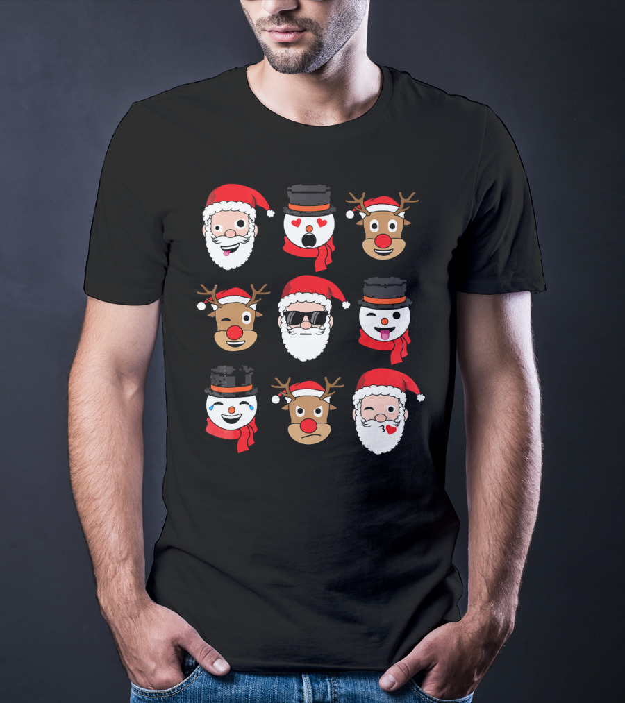 Santa Claus Emoji Faces With Reindeer And Snowman Expressions T-Shirt
