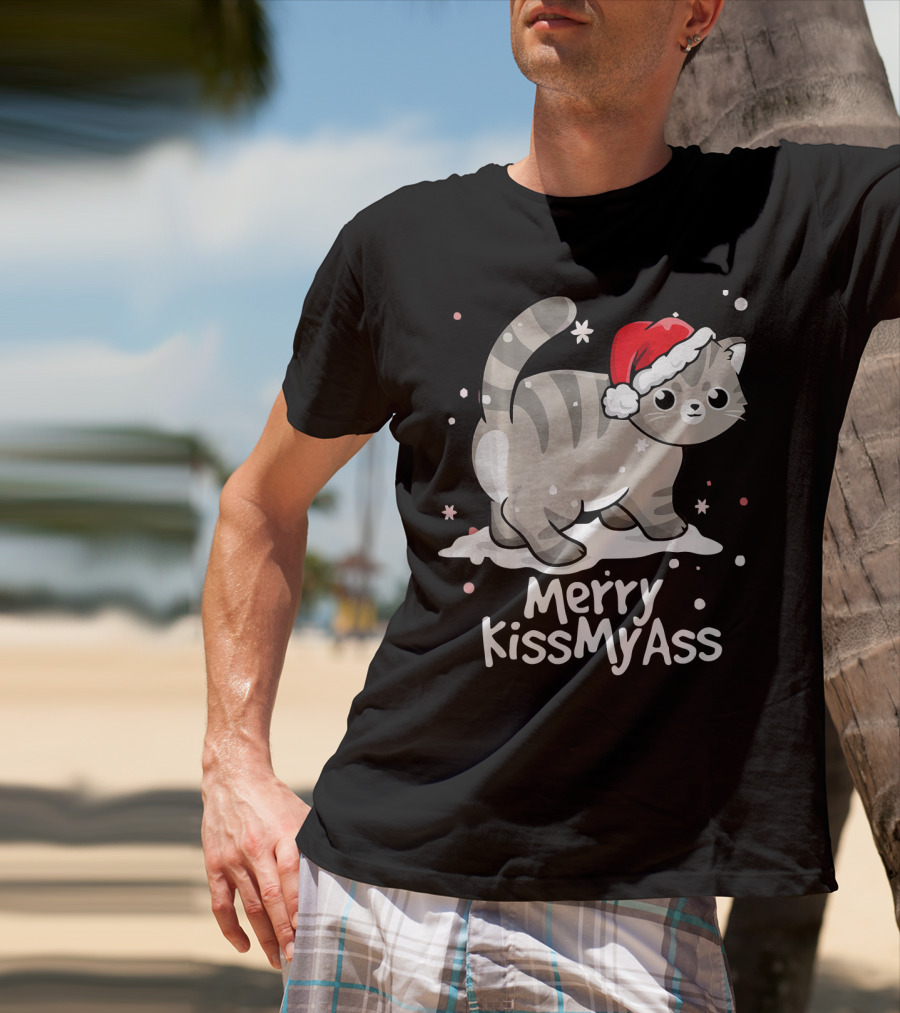 Merry KissMyAss Cat With Santa Hat In Snowflakes T-Shirt