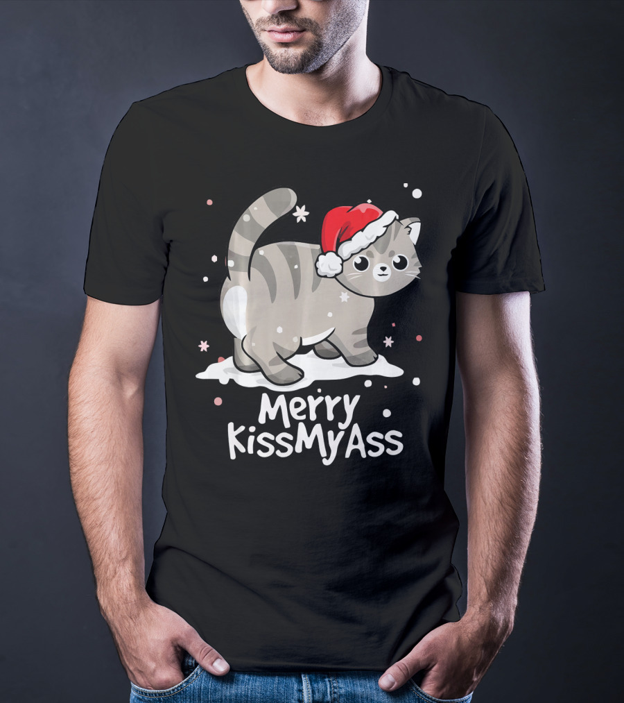 Merry KissMyAss Cat With Santa Hat In Snowflakes T-Shirt