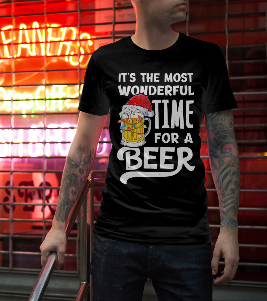 It's The Most Wonderful Time For A Beer With Santa Hat And Holiday Lights T-Shirt
