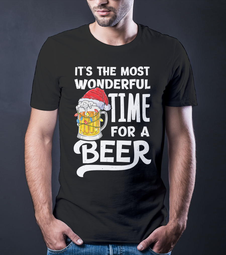 It's The Most Wonderful Time For A Beer With Santa Hat And Holiday Lights T-Shirt