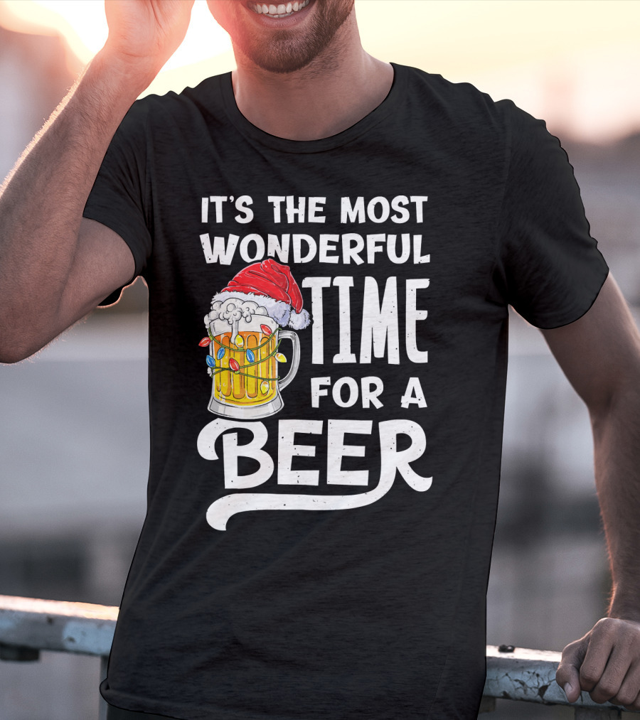It's The Most Wonderful Time For A Beer With Santa Hat And Holiday Lights T-Shirt