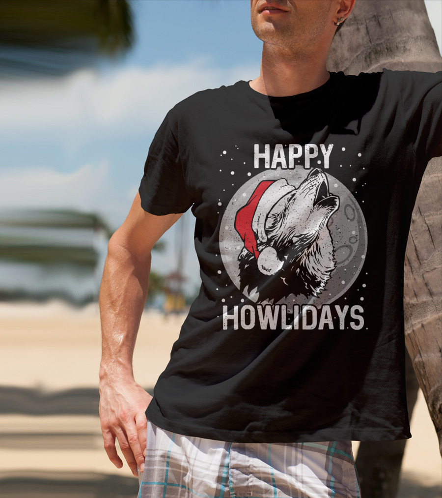 Happy Howlidays Christmas Wolf Santa Hat Moon T-Shirt