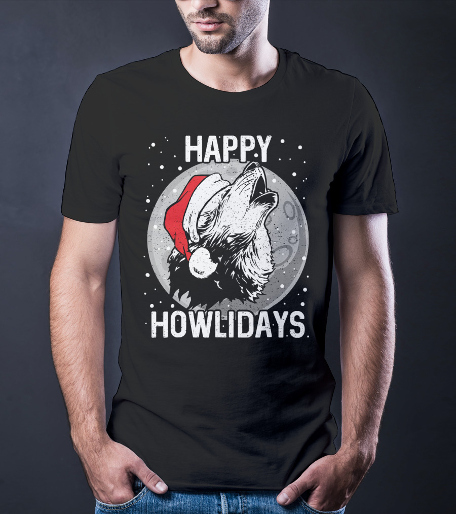 Happy Howlidays Christmas Wolf Santa Hat Moon T-Shirt