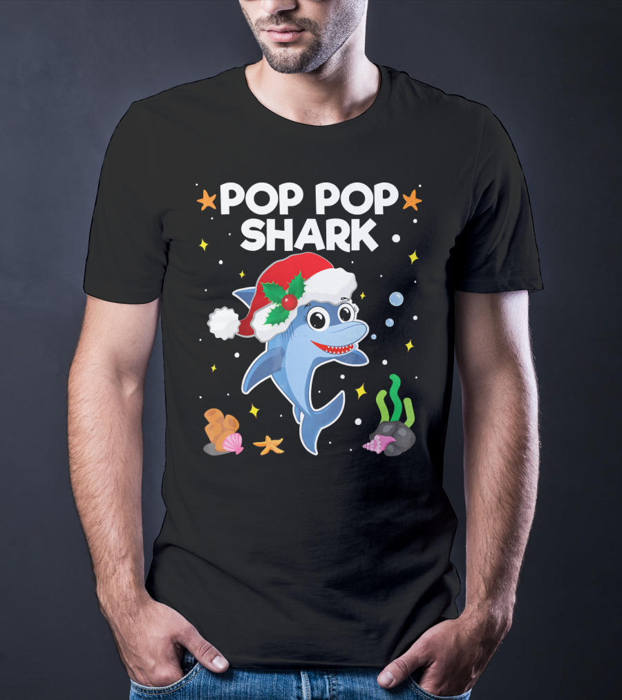 Pop Pop Shark Santa Christmas Grandpa Grandma Ocean T-Shirt
