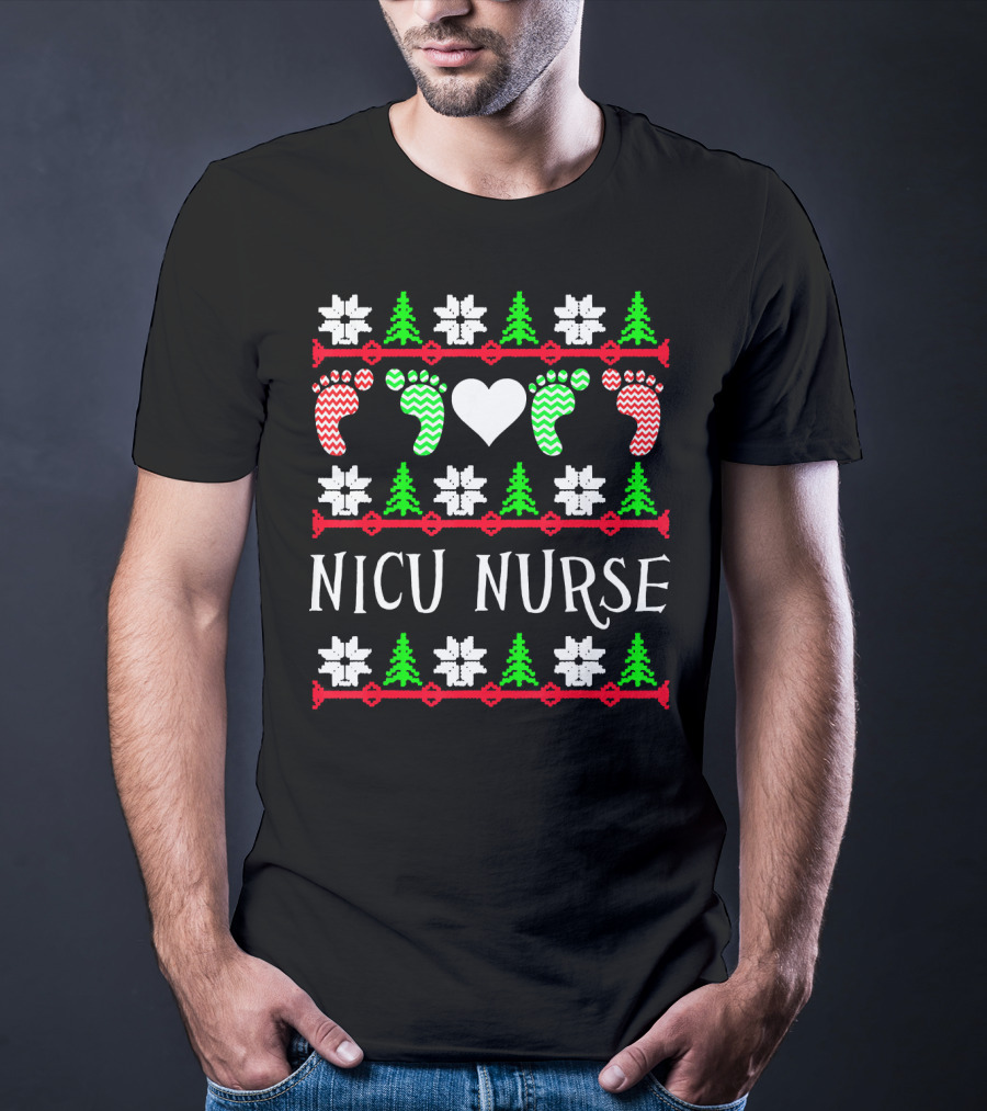 NICU Nurse Christmas Baby Feet Heart Trees T-Shirt