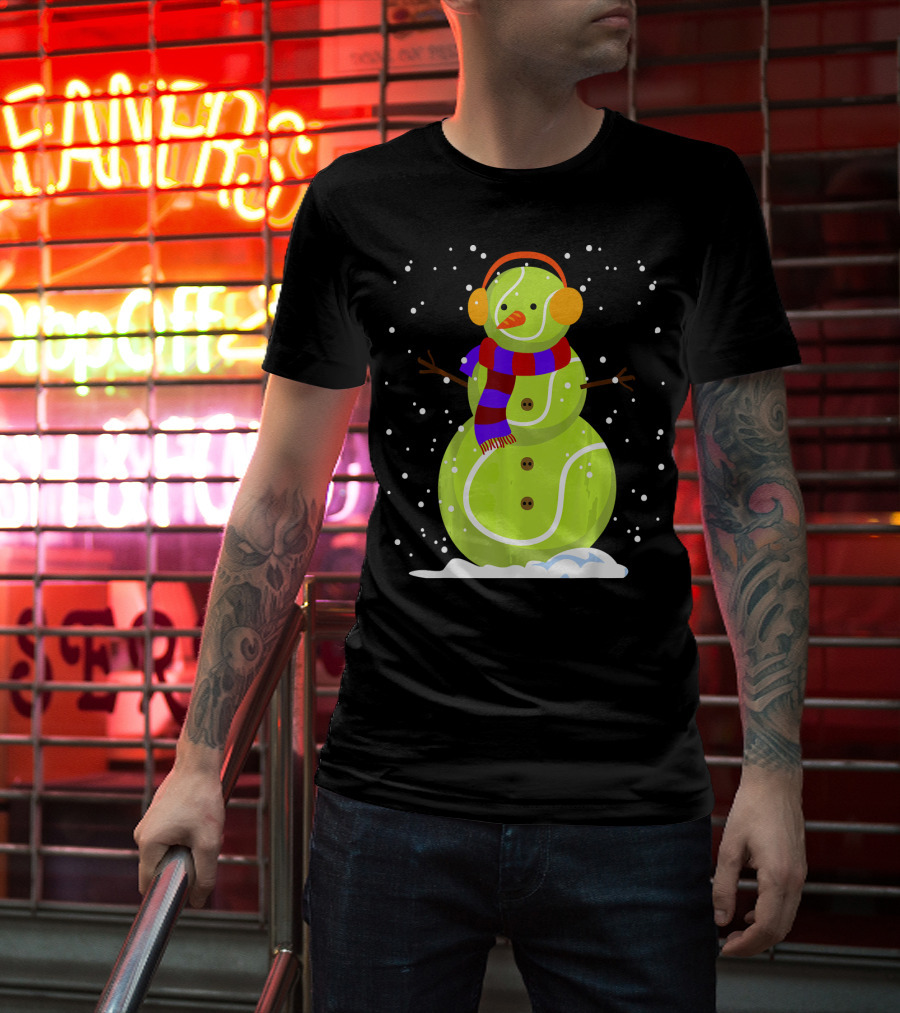 Dabbing Tennis Ball Snowman With Scarf And Earmuffs T-Shirt