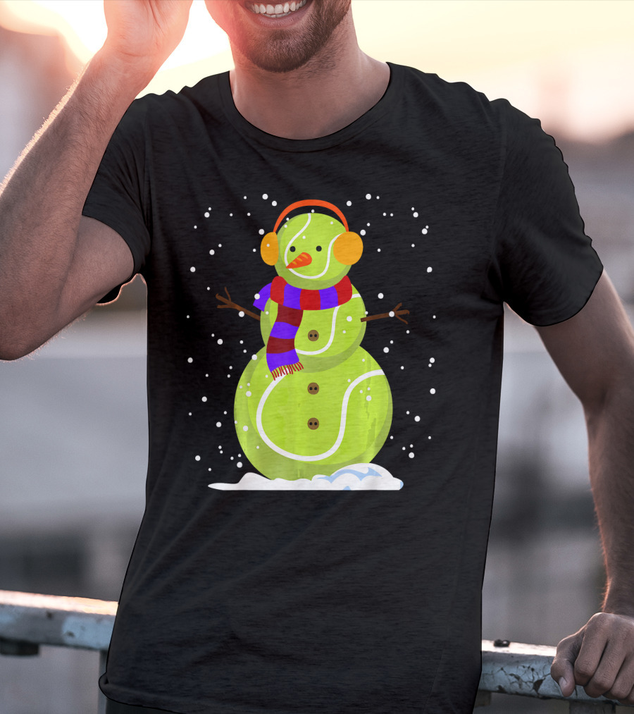 Dabbing Tennis Ball Snowman With Scarf And Earmuffs T-Shirt