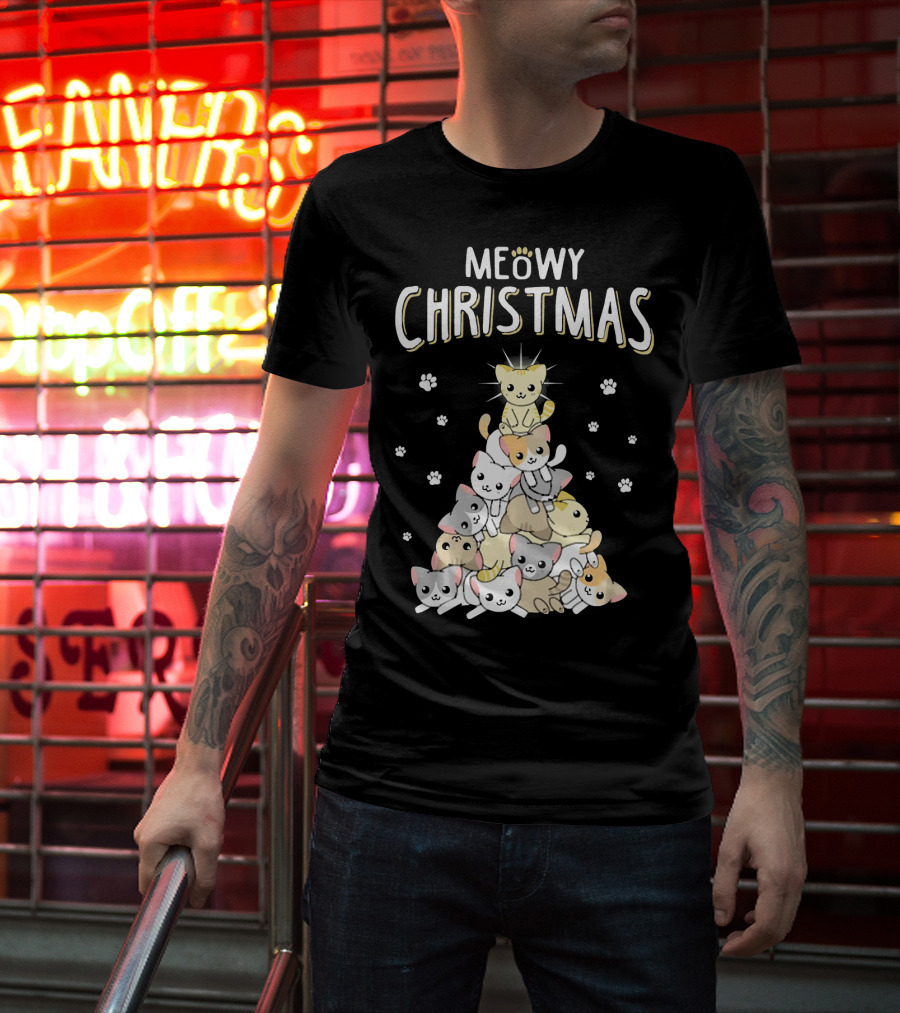 Meowy Christmas Cats Tree With Cute Paw Prints T-Shirt
