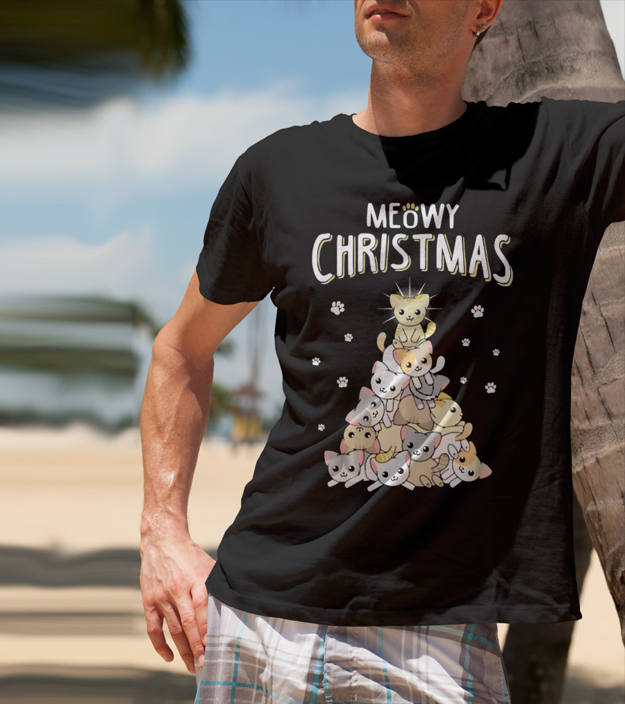 Meowy Christmas Cats Tree With Cute Paw Prints T-Shirt