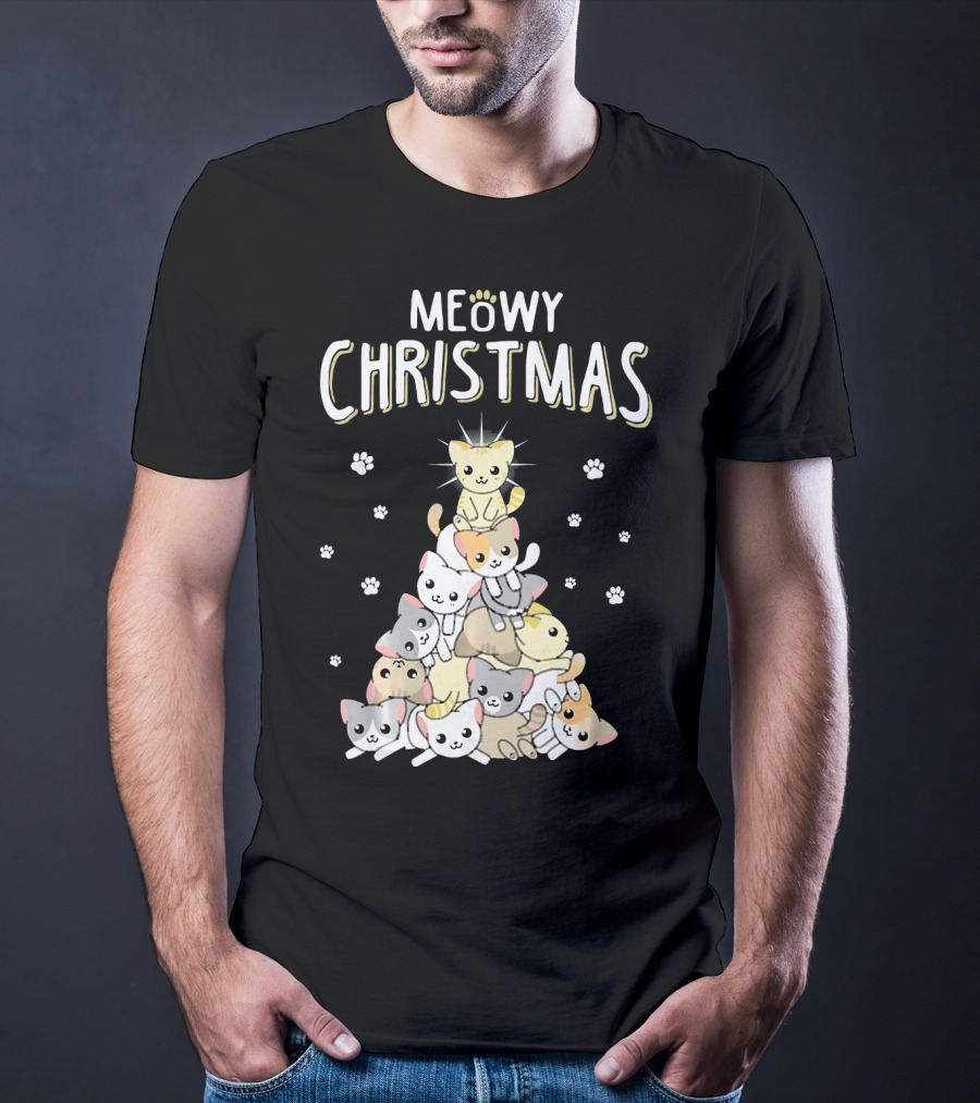 Meowy Christmas Cats Tree With Cute Paw Prints T-Shirt