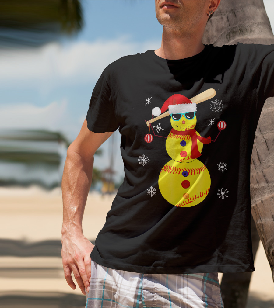Christmas Softball Snowman With Bat And Santa Hat T-Shirt