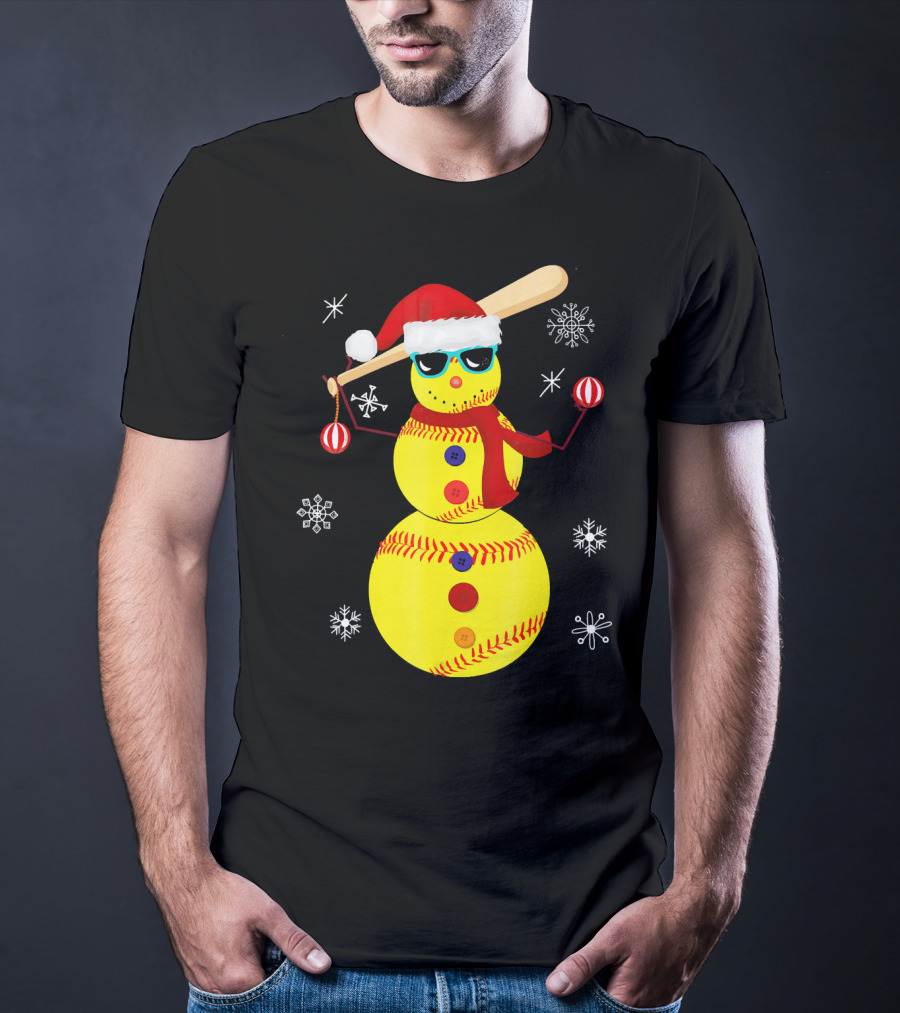 Christmas Softball Snowman With Bat And Santa Hat T-Shirt