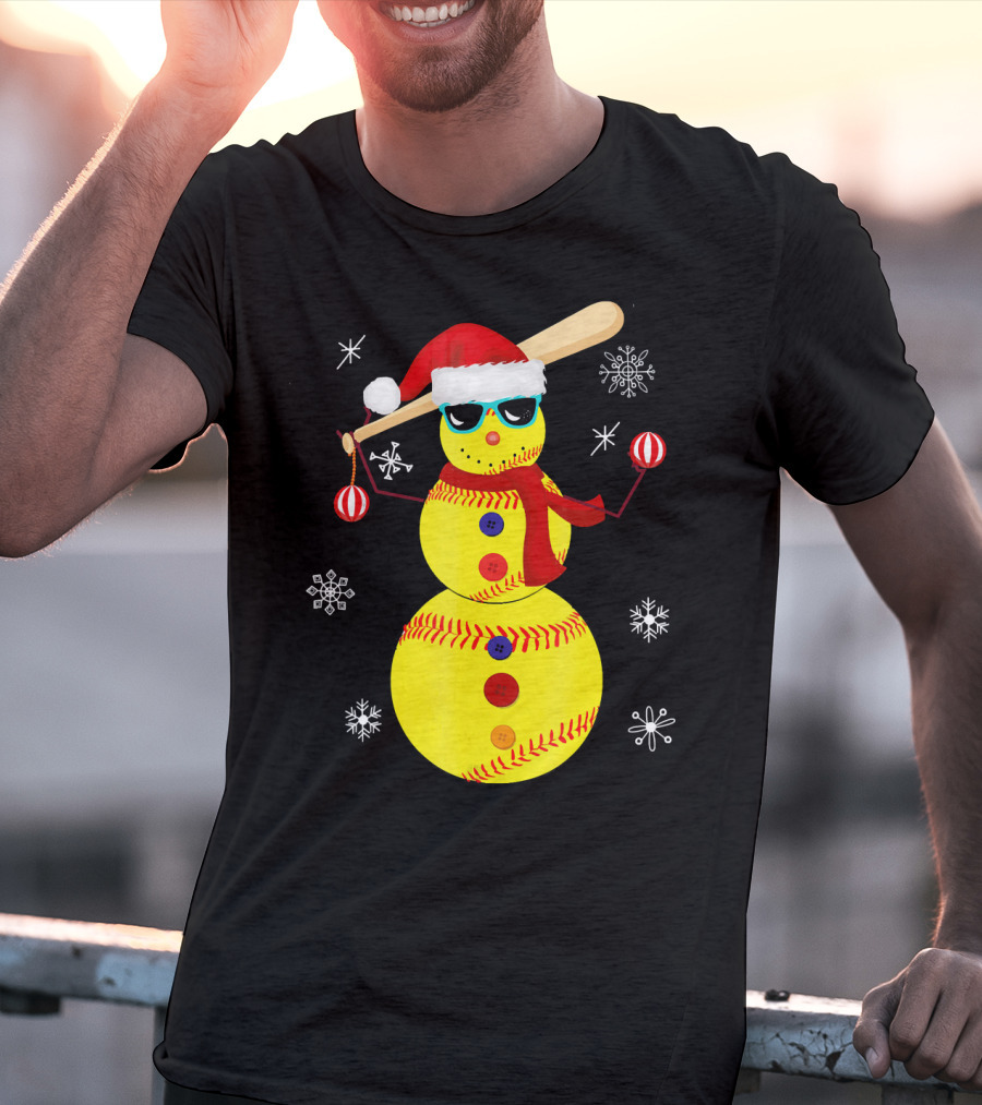 Christmas Softball Snowman With Bat And Santa Hat T-Shirt