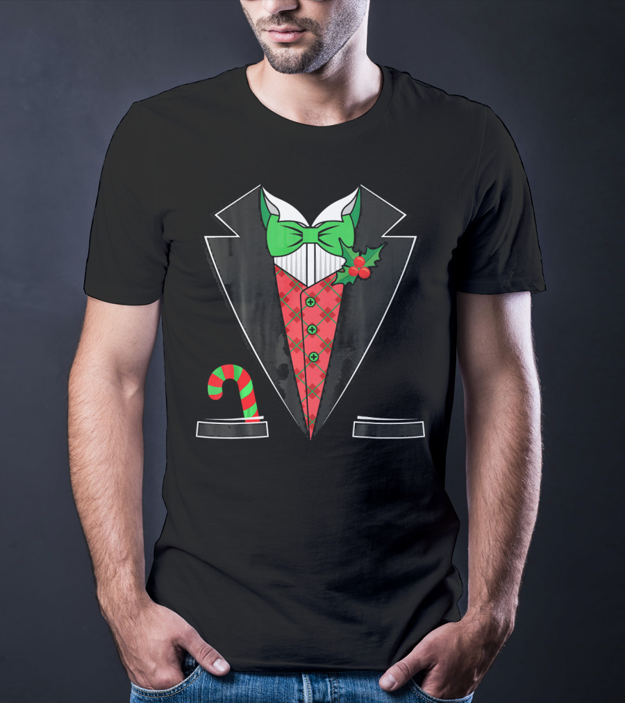 Christmas Tuxedo With Candy Cane Pattern And Festive Bow Tie T-Shirt