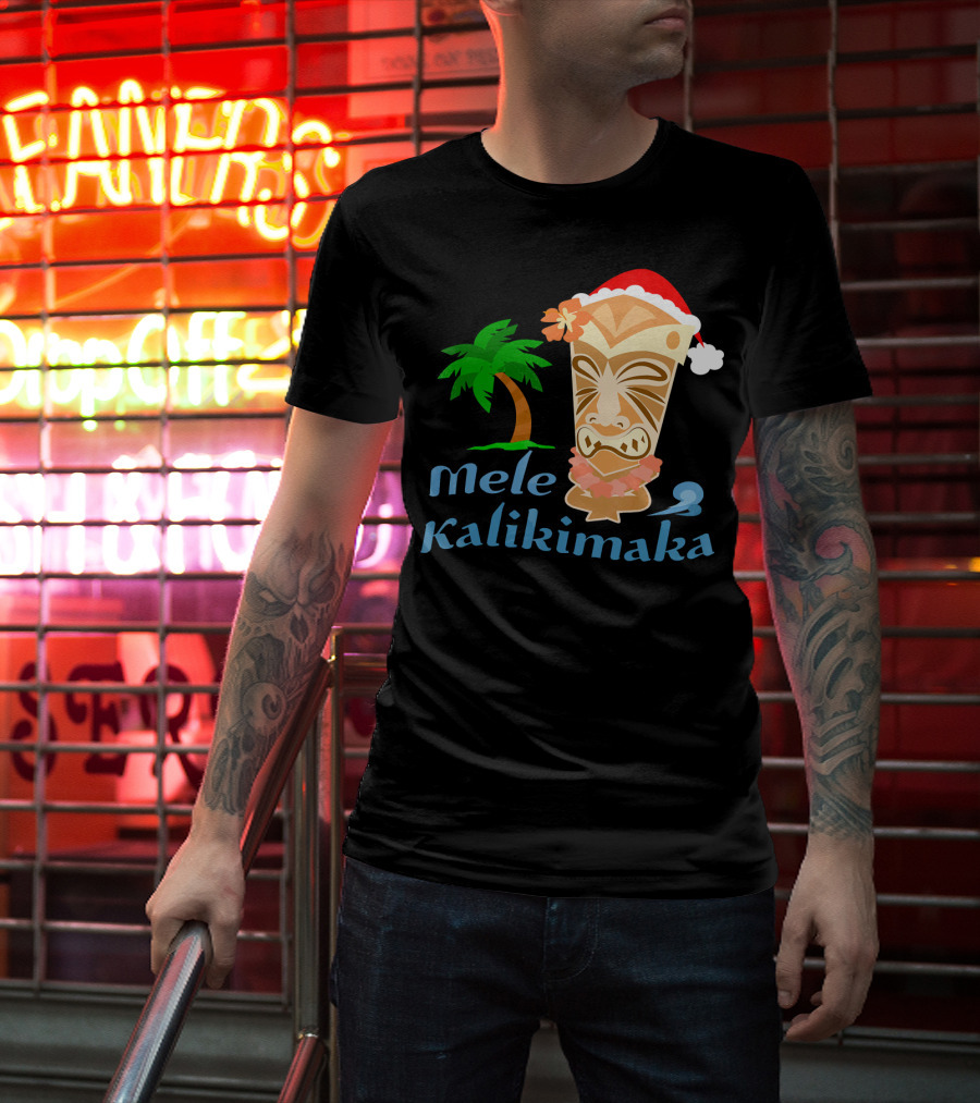 Mele Kalikimaka Hawaiian Christmas Tiki With Palm Tree And Santa Hat T-Shirt