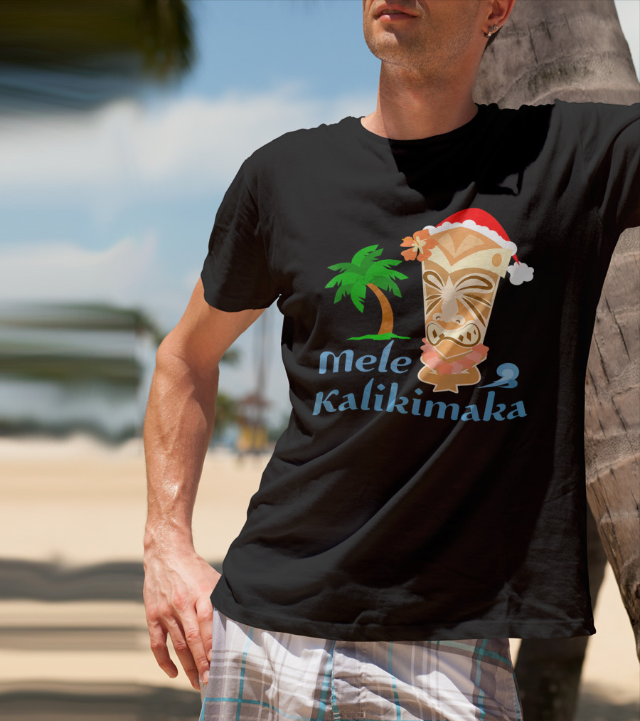 Mele Kalikimaka Hawaiian Christmas Tiki With Palm Tree And Santa Hat T-Shirt
