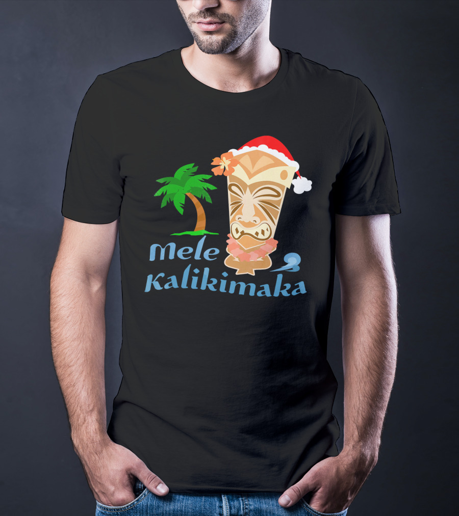 Mele Kalikimaka Hawaiian Christmas Tiki With Palm Tree And Santa Hat T-Shirt