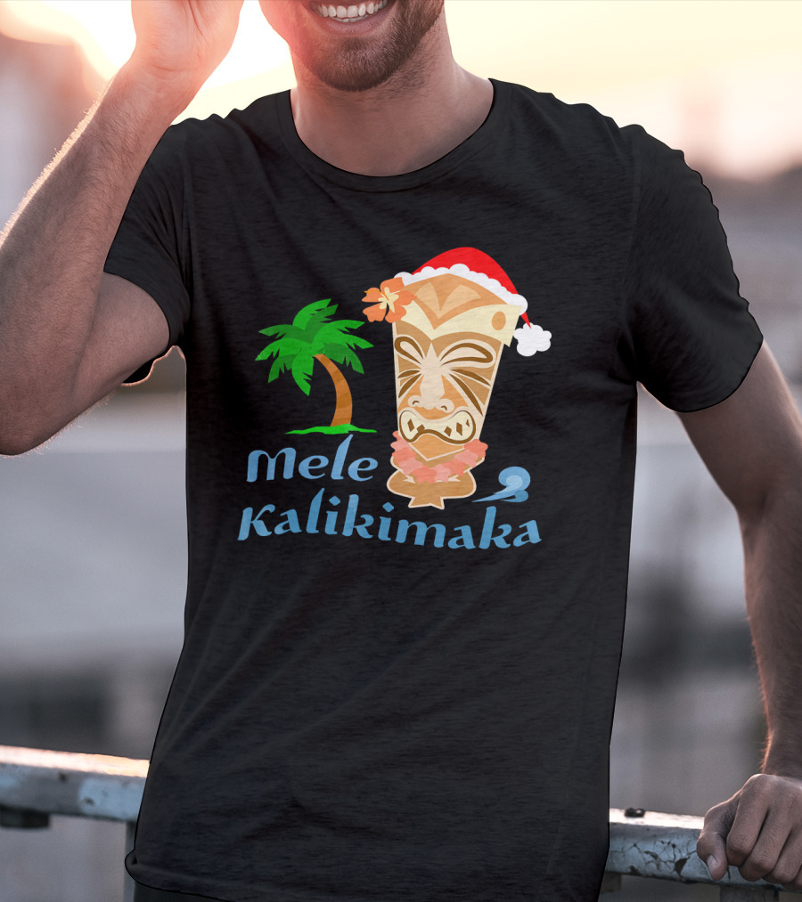 Mele Kalikimaka Hawaiian Christmas Tiki With Palm Tree And Santa Hat T-Shirt