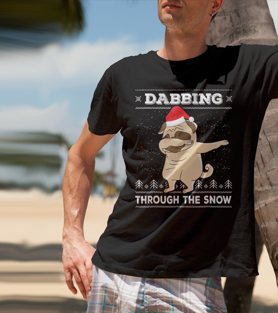 Dabbing Pug Through The Snow Santa Hat T-Shirt