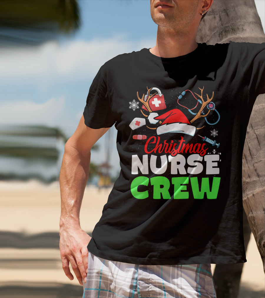 Christmas Nurse Crew Reindeer Antlers Stethoscope Santa Hat Snowflakes T-Shirt