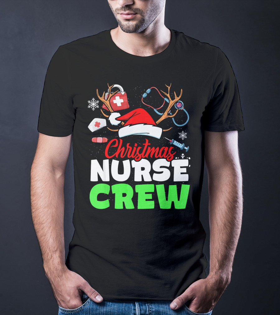 Christmas Nurse Crew Reindeer Antlers Stethoscope Santa Hat Snowflakes T-Shirt