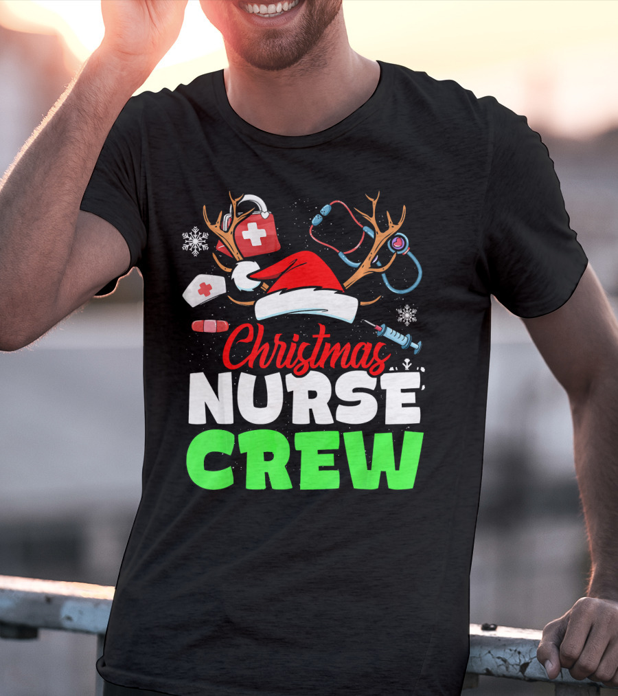 Christmas Nurse Crew Reindeer Antlers Stethoscope Santa Hat Snowflakes T-Shirt