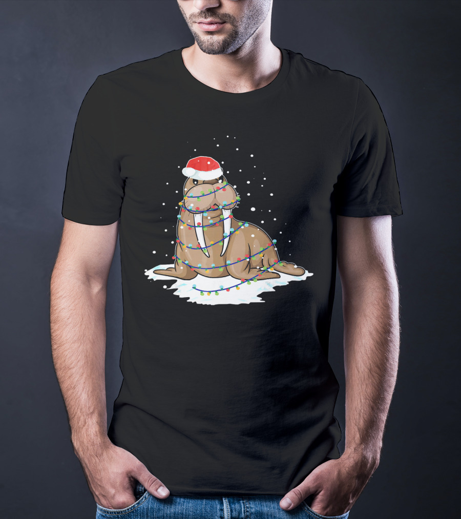 Walrus Wrapped In Christmas Lights With Santa Hat On Snow T-Shirt