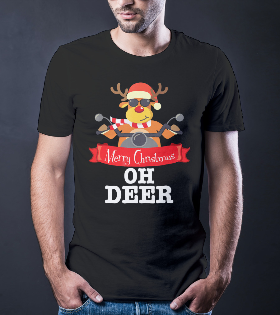 Merry Christmas Oh Deer Reindeer Motorcycle Santa Hat T-Shirt