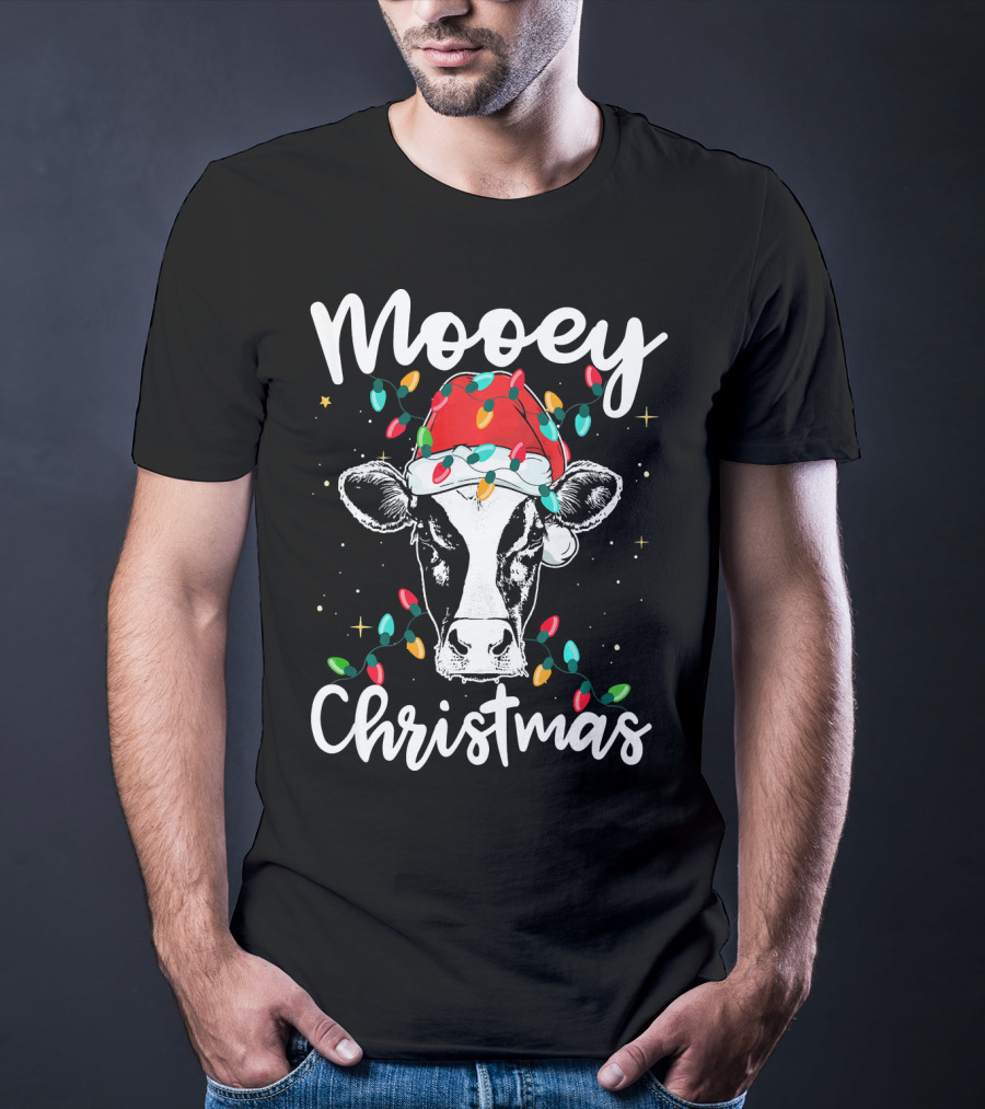 Mooey Christmas Cow With Santa Hat And Christmas Lights T-Shirt