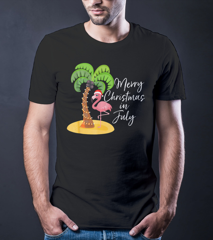 Merry Christmas In July Flamingo And Palm Tree T-Shirt