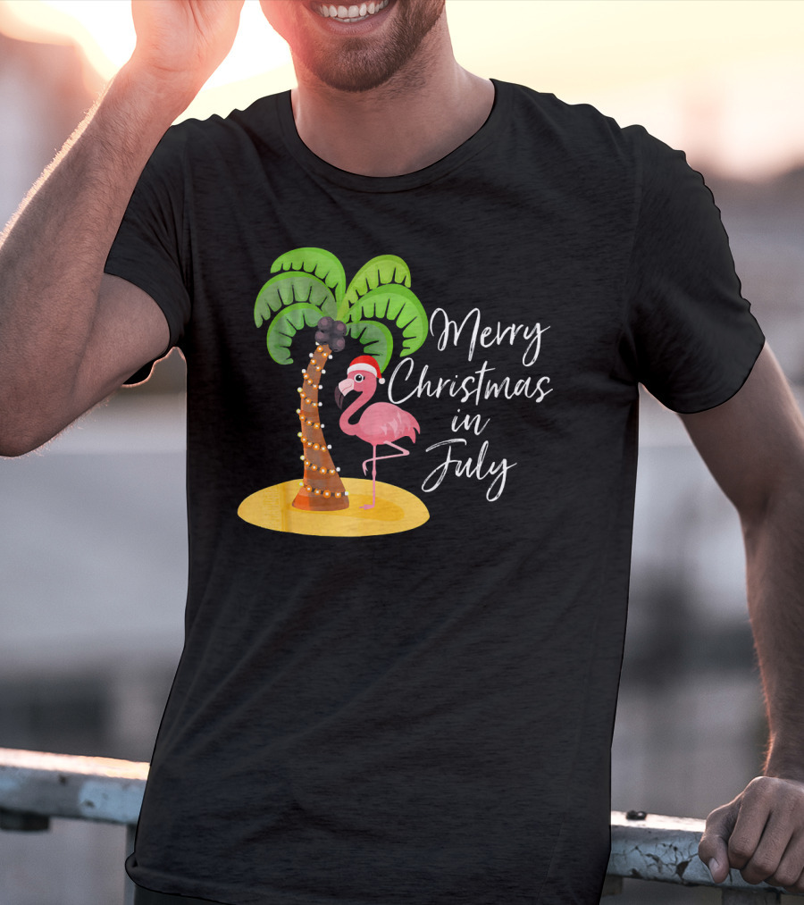 Merry Christmas In July Flamingo And Palm Tree T-Shirt
